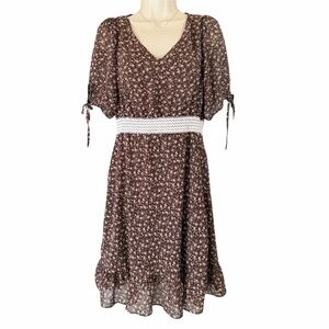Micro Floral Mini Dress SM Brown Ruffled Puff Sleeves Milkmaid Festival Boho